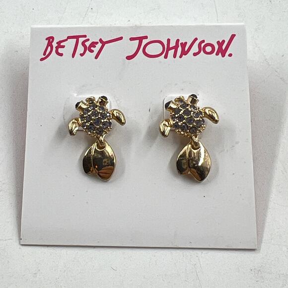 Betsey Johnson Sea Turtle Earrings Gold Tone Gray and Black Rhinestones - Picture 1 of 6